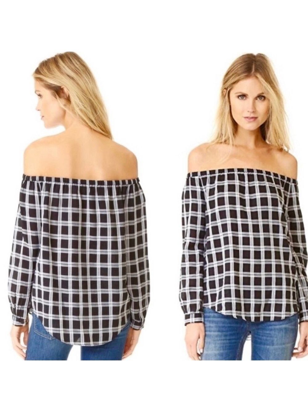 Rag & Bone Greta Off The Shoulder Black White Plaid Top SZ L Reg . $225